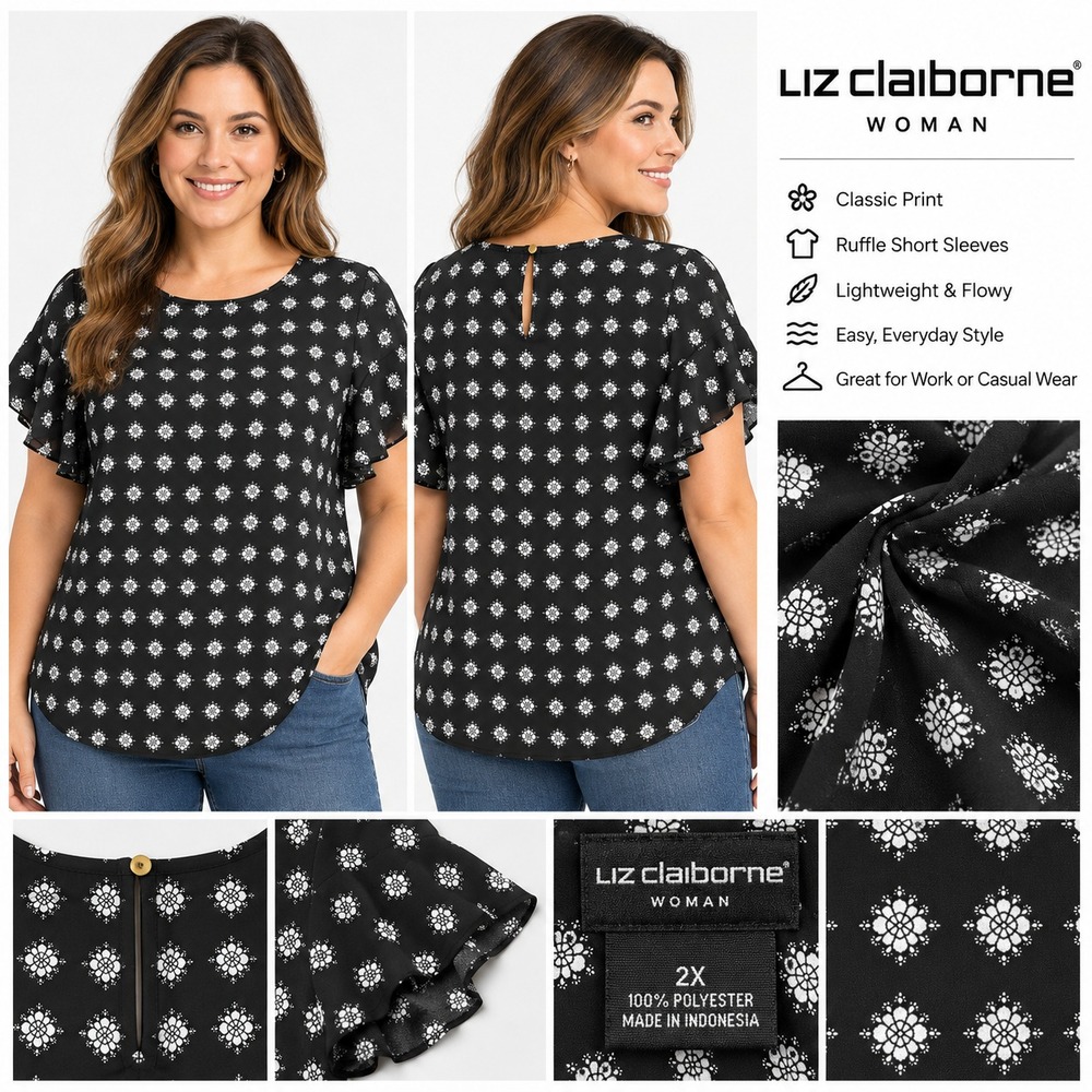 Liz Claiborne Women's 2X Black White Geometric Print Short Sleeve Top Blouse NWT